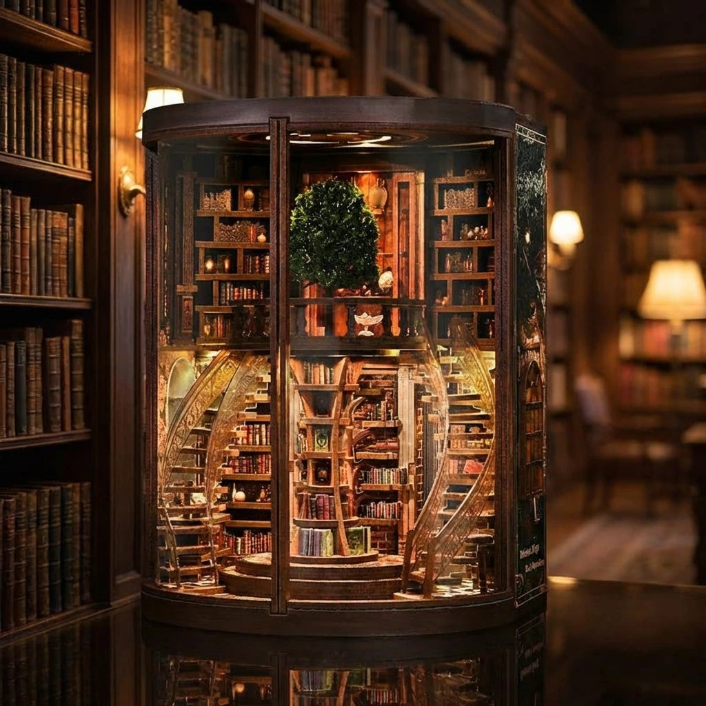 Book Nook en bois thème Bibliothèque Circulaire Vintage, vue Ambiance Nuit, éclairage LED chaleureux, décoration Nook-It.