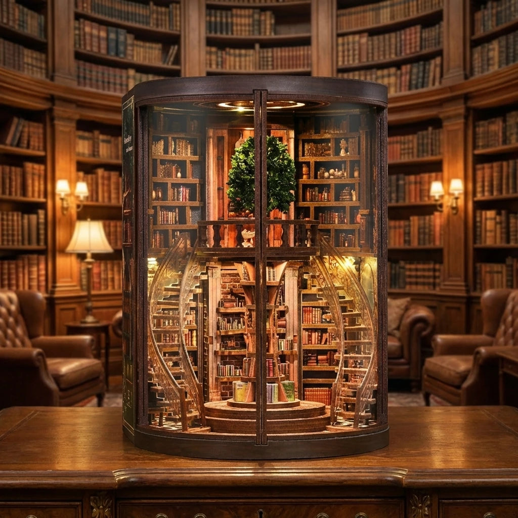Book Nook en bois thème Bibliothèque Circulaire Vintage, vue Face, éclairage LED chaleureux, décoration Nook-It.