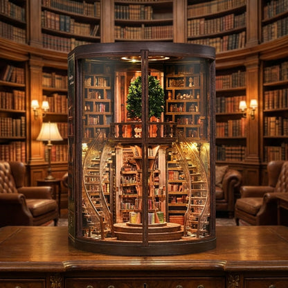 Book Nook en bois thème Bibliothèque Circulaire Vintage, vue Face, éclairage LED chaleureux, décoration Nook-It.