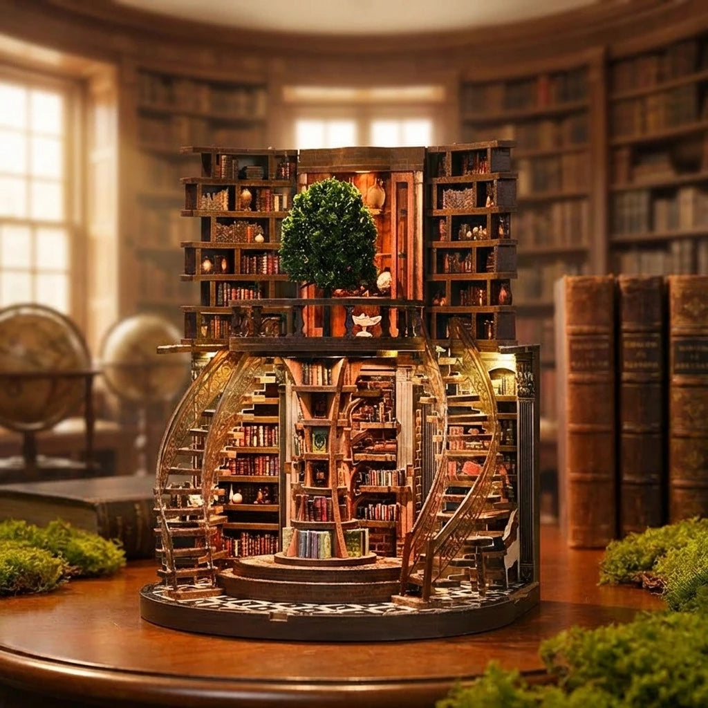 Book Nook en bois thème Bibliothèque Circulaire Vintage, vue nu sans cadre, éclairage LED chaleureux, décoration Nook-It.