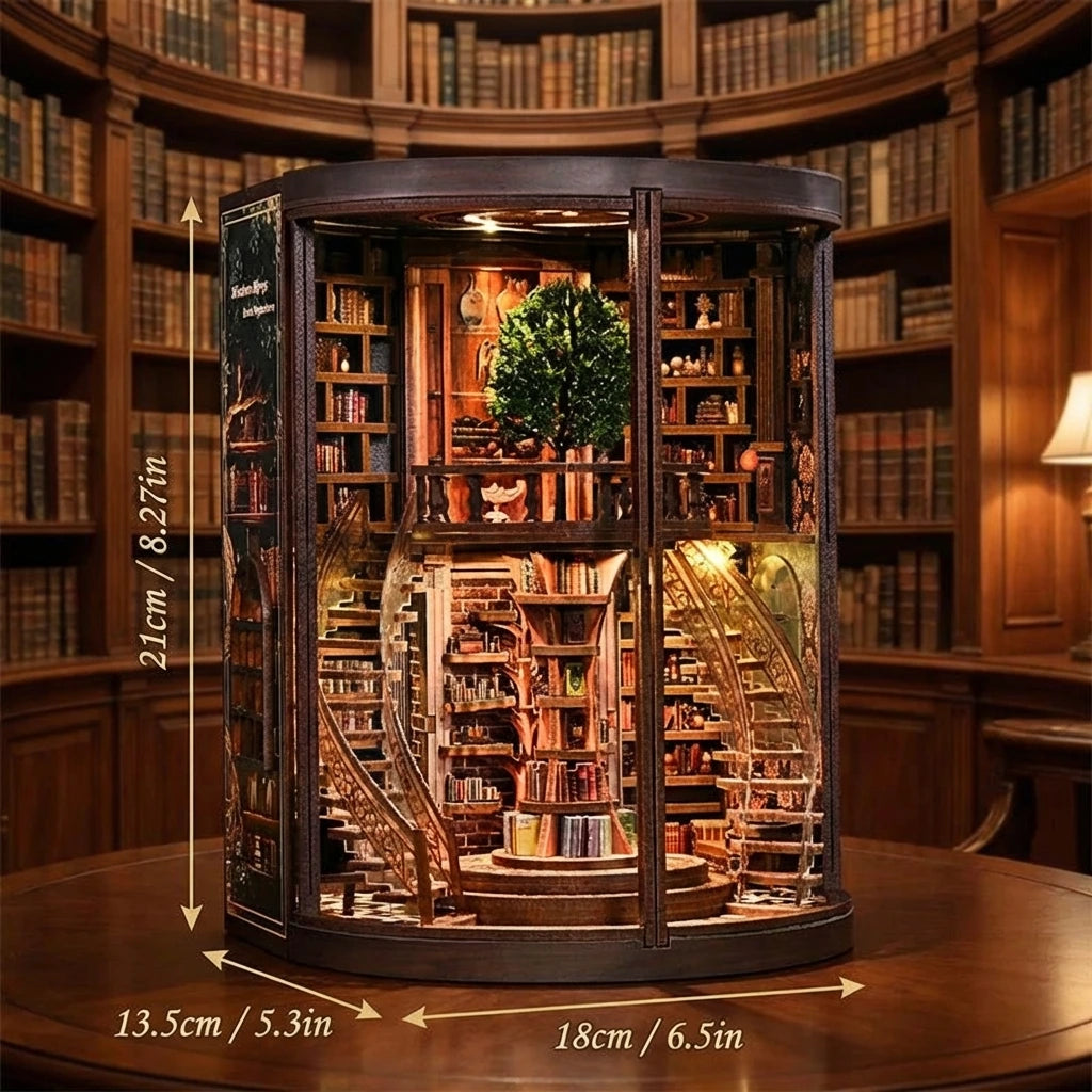 Book Nook en bois thème Bibliothèque Circulaire Vintage, vue avec Dimensions, éclairage LED chaleureux, décoration Nook-It