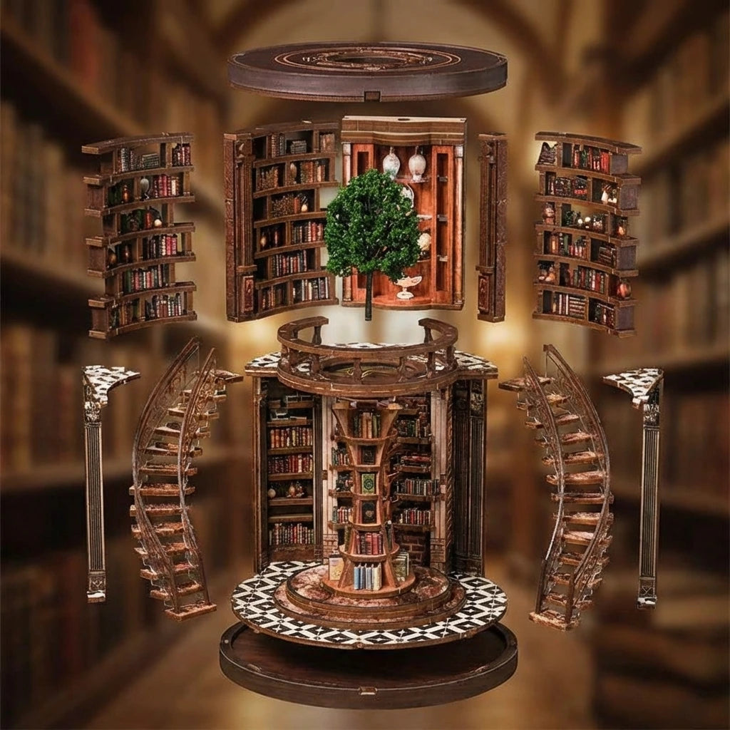 Book Nook en bois thème Bibliothèque Circulaire Vintage, vue Éclatée, éclairage LED chaleureux, décoration Nook-It.