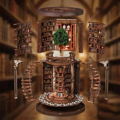 Book Nook en bois thème Bibliothèque Circulaire Vintage, vue Éclatée, éclairage LED chaleureux, décoration Nook-It.