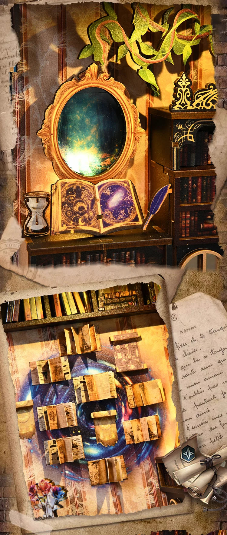 Book Nook en bois thème Bibliothèque de Sorciers, vue détailées, éclairage LED chaleureux, décoration Nook-It.