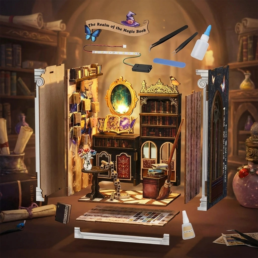 Book Nook en bois thème Bibliothèque de Sorciers, vue Éclatée, éclairage LED chaleureux, décoration Nook-It.