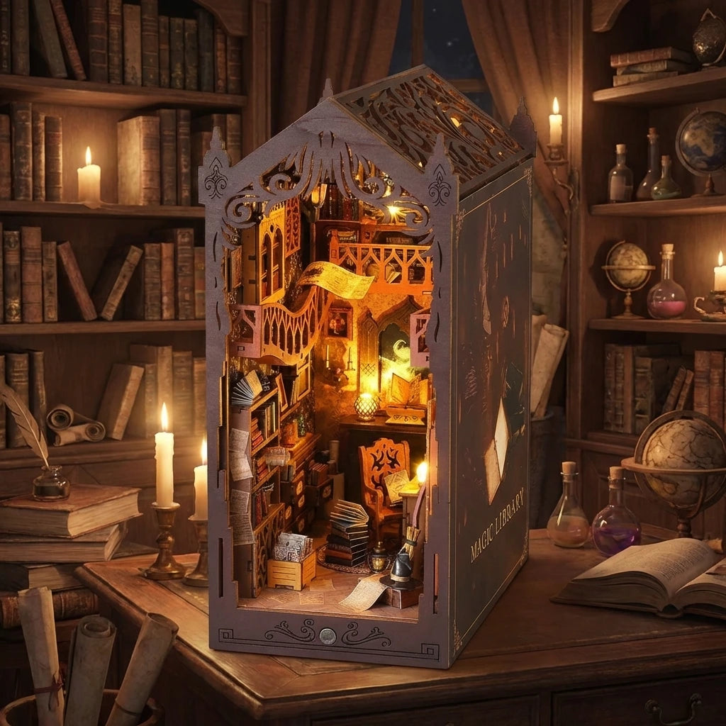 Book Nook en bois thème Bibliothèque des Sorciers, vue Ambiance Nuit, éclairage LED chaleureux, décoration Nook-It.