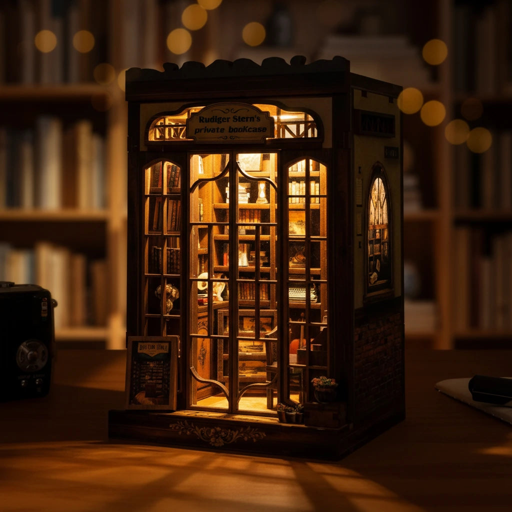 Book Nook en bois thème La Bibliothèque Privée de Rudiger, vue nuit, éclairage LED chaleureux, décoration Nook-It.