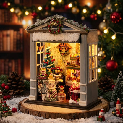 Book Nook en bois thème Book Nook - Salon Joyeux de Noël, vue Ambiance Nuit, éclairage LED chaleureux, décoration Nook-It.