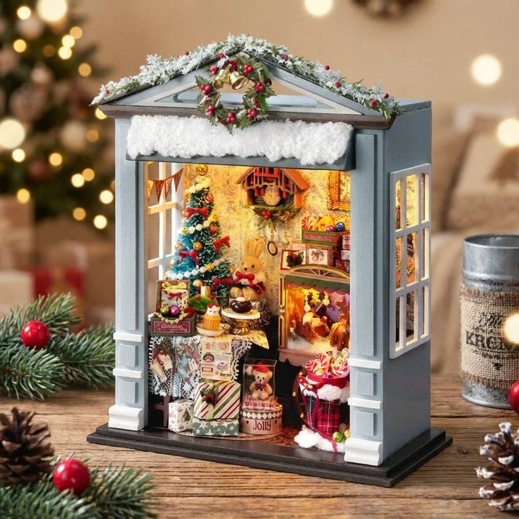 Book Nook en bois thème Book Nook - Salon Joyeux de Noël, vue Angle 45°, éclairage LED chaleureux, décoration Nook-It.