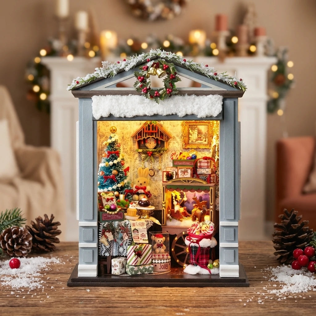 Book Nook en bois thème Book Nook - Salon Joyeux de Noël, vue Face, éclairage LED chaleureux, décoration Nook-It.