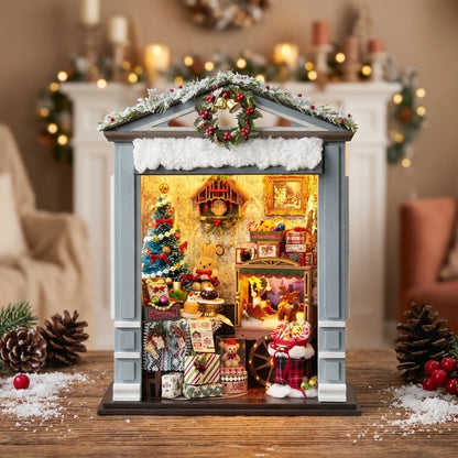 Book Nook en bois thème Book Nook - Salon Joyeux de Noël, vue Face, éclairage LED chaleureux, décoration Nook-It.