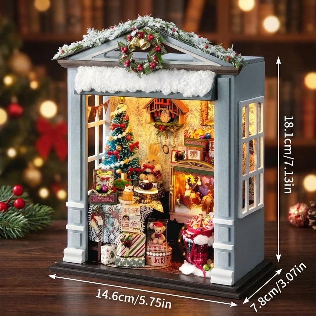 Book Nook en bois thème Book Nook - Salon Joyeux de Noël, vue avec Dimensions, éclairage LED chaleureux, décoration Nook-It