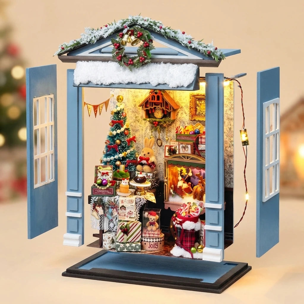 Book Nook en bois thème Book Nook - Salon Joyeux de Noël, vue Éclatée, éclairage LED chaleureux, décoration Nook-It.