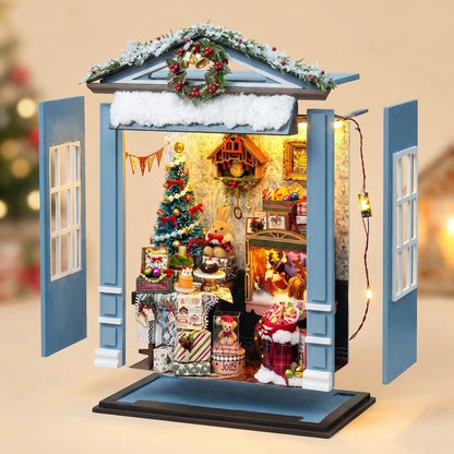 Book Nook en bois thème Book Nook - Salon Joyeux de Noël, vue Éclatée, éclairage LED chaleureux, décoration Nook-It.