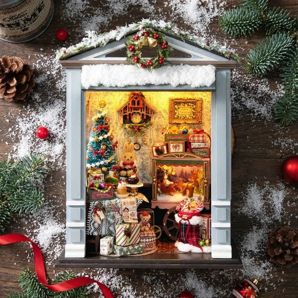 Book Nook en bois thème Book Nook - Salon Joyeux de Noël, vue Plongeante, éclairage LED chaleureux, décoration Nook-It.