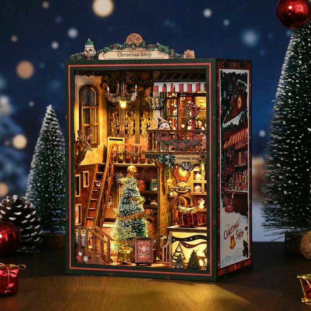 Book Nook en bois thème Book Nook - boutique de Noel Enchantée, vue de nuit, éclairage LED chaleureux, décoration Nook-It.
