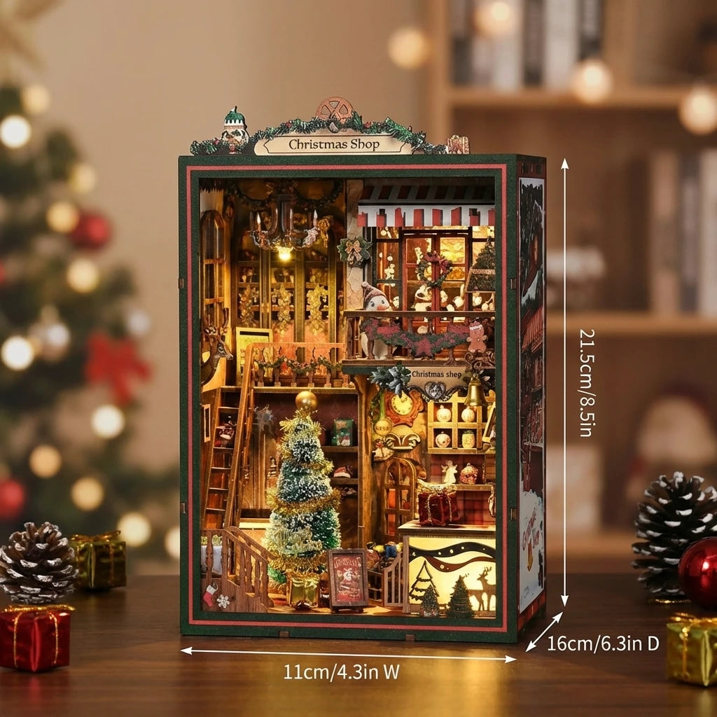 Book Nook en bois thème Book Nook - boutique de Noel Enchantée, vue dimensions, éclairage LED chaleureux, décoration Nook-It.