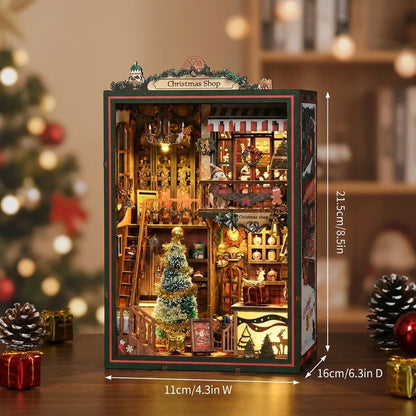 Book Nook en bois thème Book Nook - boutique de Noel Enchantée, vue dimensions, éclairage LED chaleureux, décoration Nook-It.