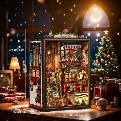 Book Nook en bois thème Book Nook - boutique de Noel Enchantée, vue Dimensions, éclairage LED chaleureux, décoration Nook-It.