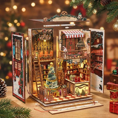 Book Nook en bois thème Book Nook - boutique de Noel Enchantée, vue éclatée, éclairage LED chaleureux, décoration Nook-It.
