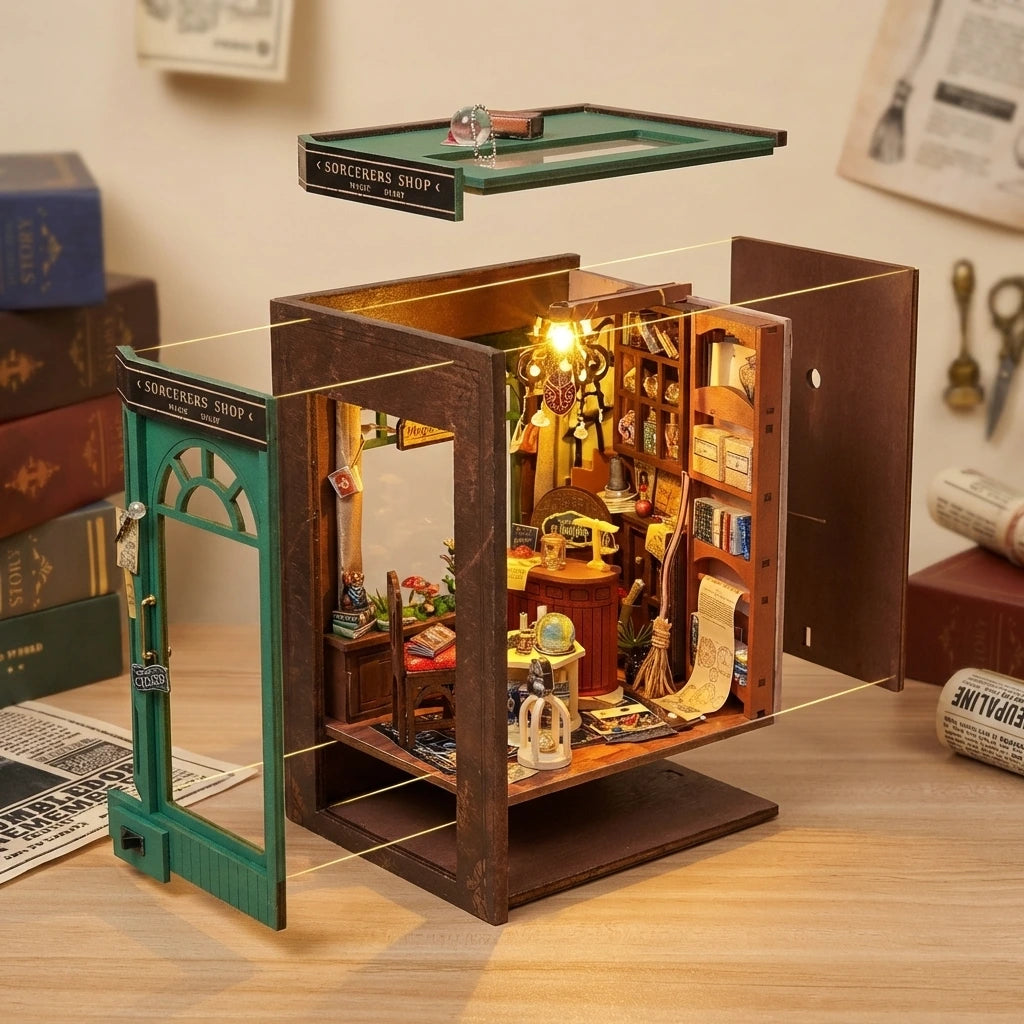 Book Nook en bois thème Boutique de Sorciers, vue Éclatée, éclairage LED chaleureux, décoration Nook-It.