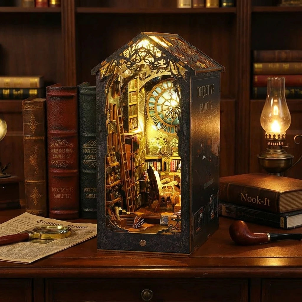 Book Nook en bois thème Bureau des Enquêtes Célèbres - Détective, vue 45° de profil, éclairage LED chaleureux, décoration Nook-It