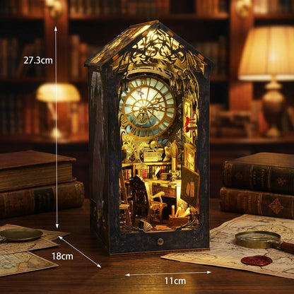 Book Nook en bois thème Bureau des Enquêtes Célèbres - Détective, vue avec dimensions, éclairage LED chaleureux, décoration Nook-It