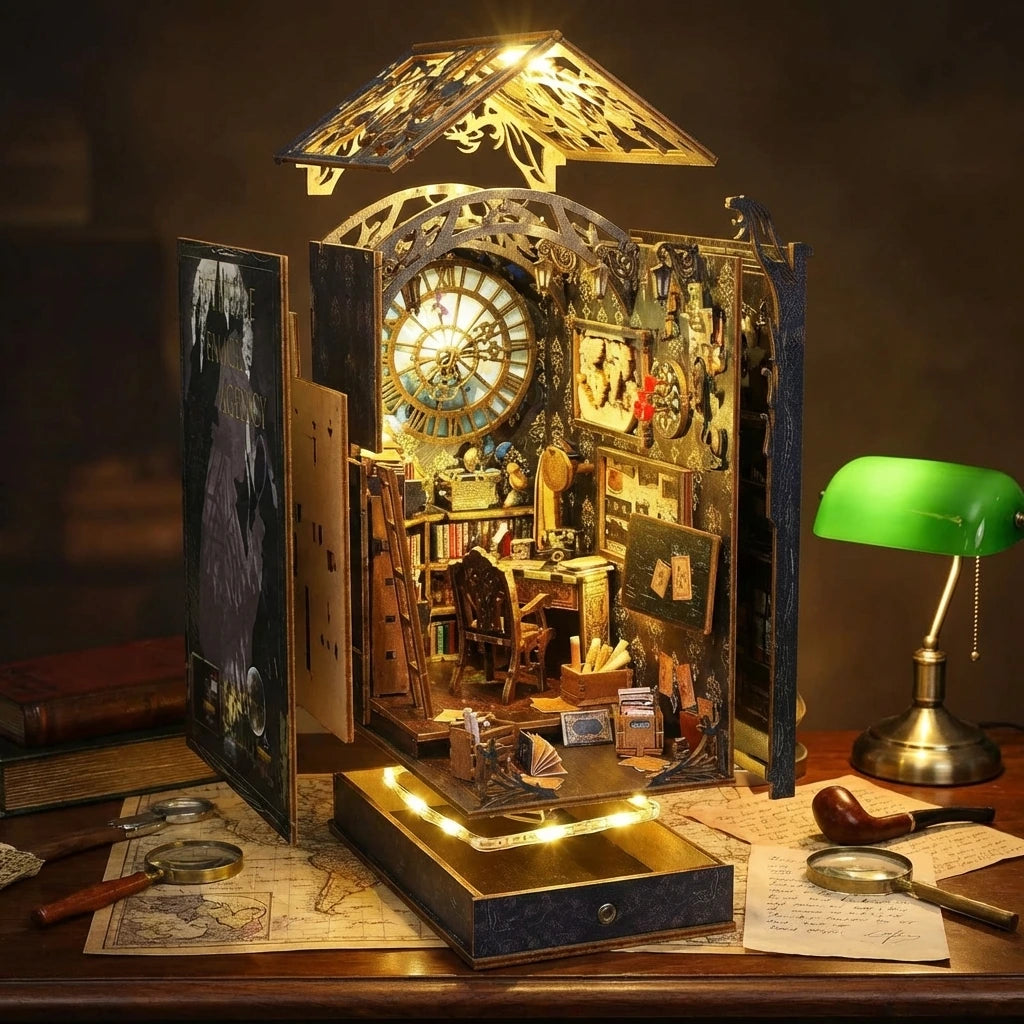 Book Nook en bois thème Bureau des Enquêtes Célèbres - Détective, vue éclatée, éclairage LED chaleureux, décoration Nook-It