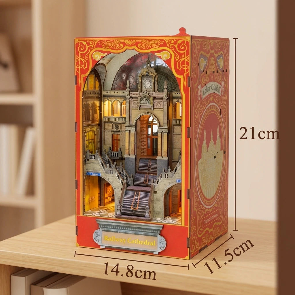 vision recto avec dimensions Cathédrale de Chemin de Fer, décoration Book Nook. Nook-It