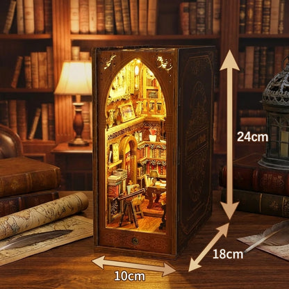 Book Nook en bois thème Chambre du Savoir - Bibliothèque de Sagesse, vue avec Dimensions, éclairage LED chaleureux, décor