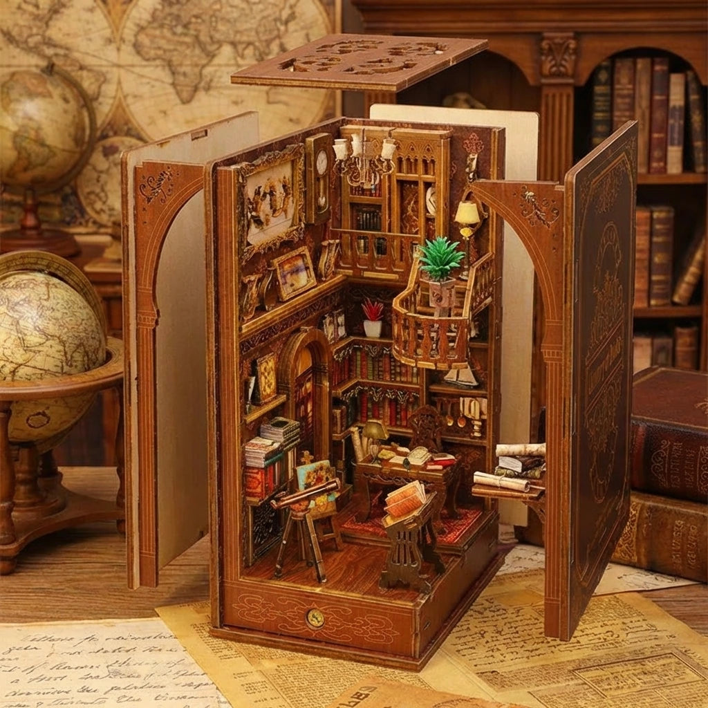 Book Nook en bois thème Chambre du Savoir - Bibliothèque de Sagesse, vue Vue Éclatée, éclairage LED chaleureux, décoration Nook-It