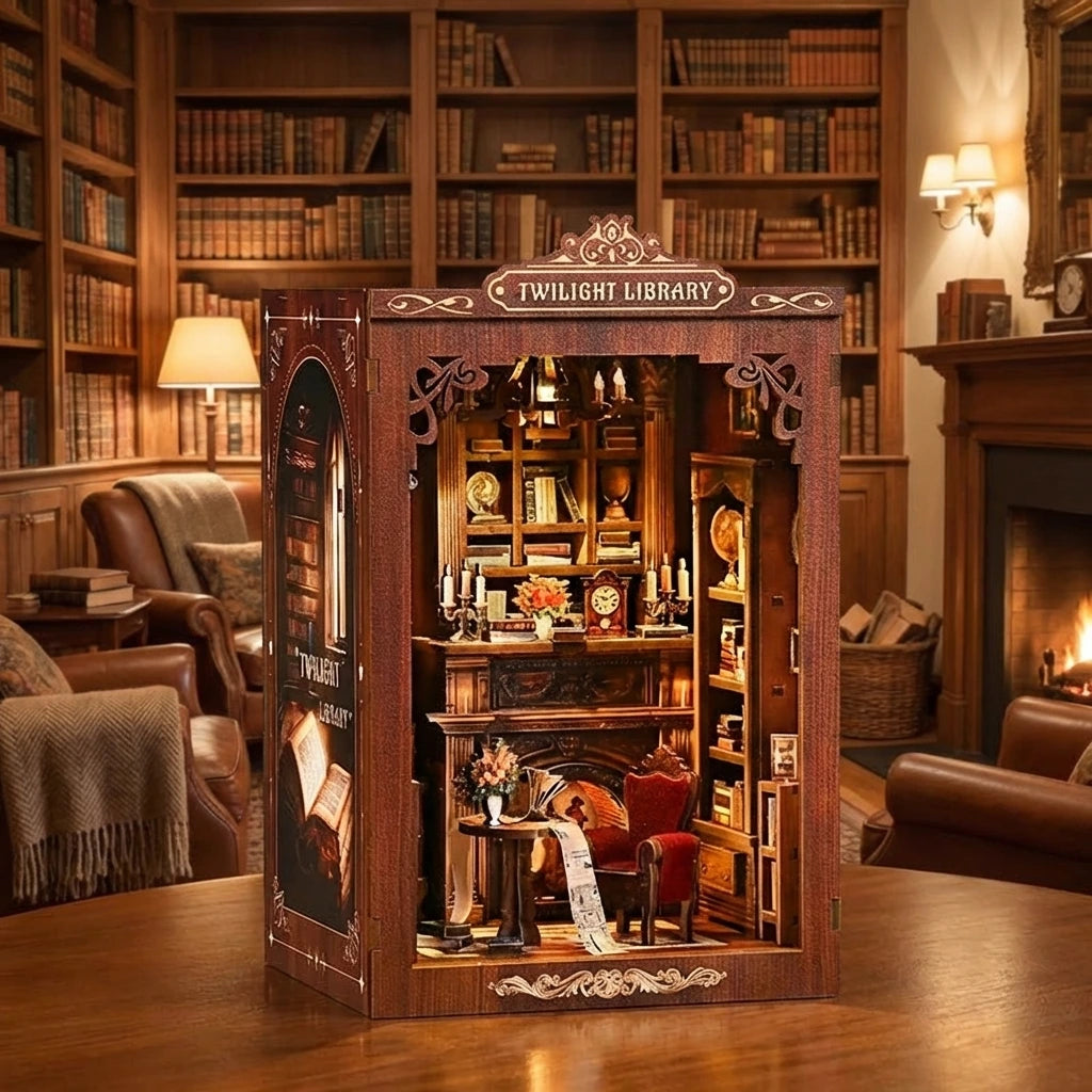 Book Nook en bois thème Cocon de lecture - Bibliothèque à l'Ancienne, vue de profil 45°, éclairage LED chaleureux, décoration Nook-It.