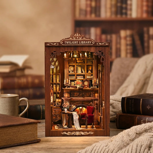 Book Nook en bois thème Cocon de lecture - Bibliothèque à l'Ancienne, vue Face, éclairage LED chaleureux, décoration Nook-It.