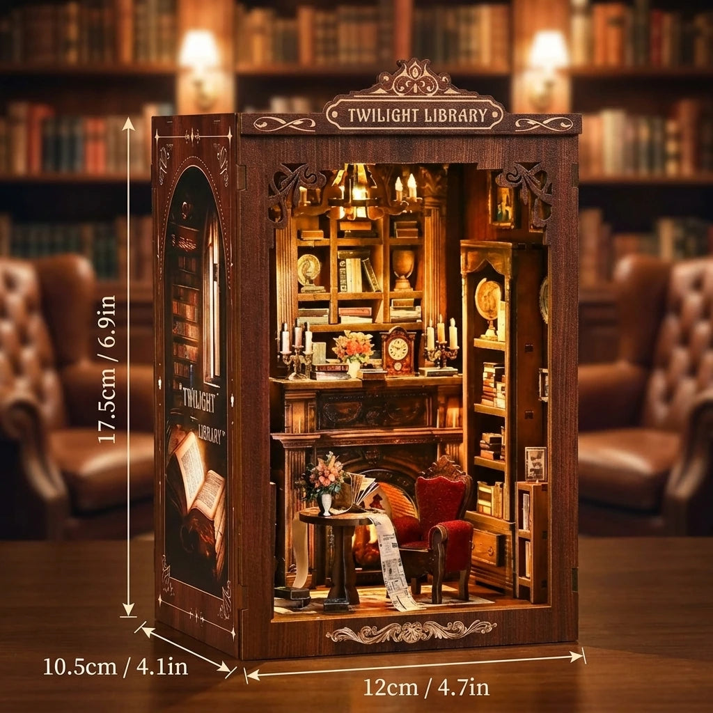 Book Nook en bois thème Cocon de lecture - Bibliothèque à l'Ancienne, vue avec dimensions, éclairage LED chaleureux, décoration Nook-It.