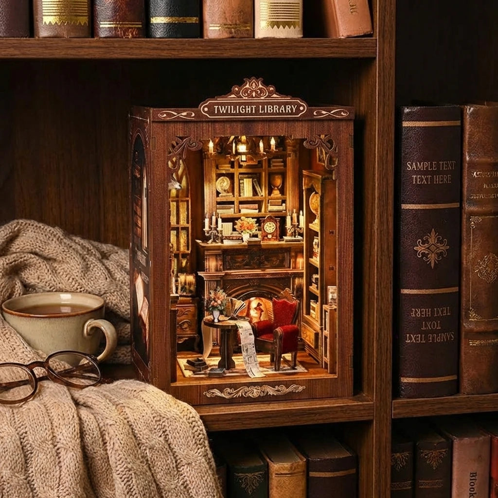 Book Nook en bois thème Cocon de lecture - Bibliothèque à l'Ancienne, vue sur étagère de face, éclairage LED chaleureux, décoration Nook-It.