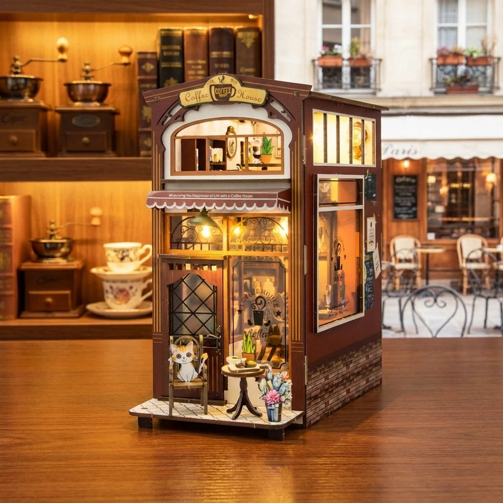Book Nook en bois thème Café Parisien, vue Angle 45°, éclairage LED chaleureux, décoration Nook-It.