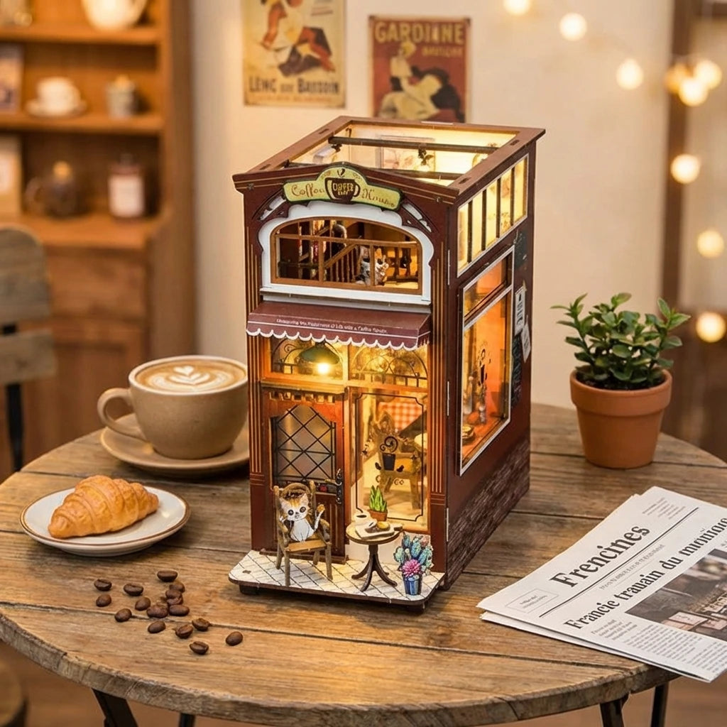 Book Nook en bois thème Café Parisien, vue Plongeante, éclairage LED chaleureux, décoration Nook-It.
