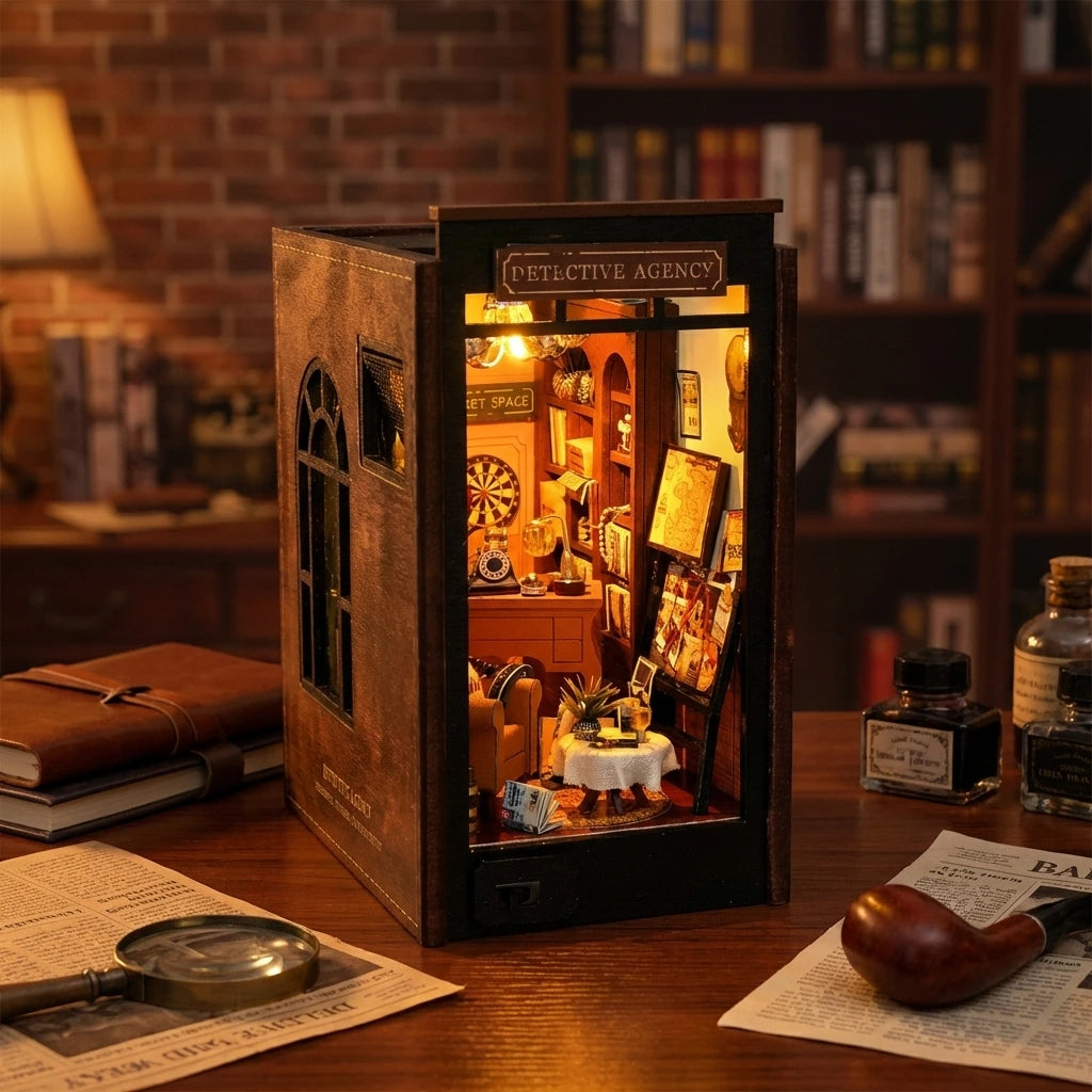 Book Nook en bois thème Detective Agency - Sherlock Holmes, vue Ambiance Nuit, éclairage LED chaleureux, décoration Nook-It.