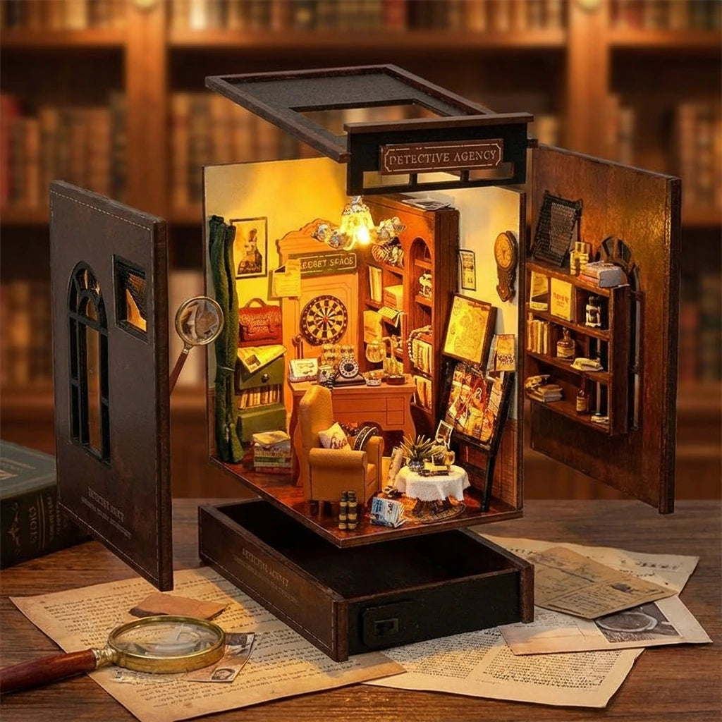 Book Nook en bois thème Detective Agency - Sherlock Holmes, vue Éclatée, éclairage LED chaleureux, décoration Nook-It.