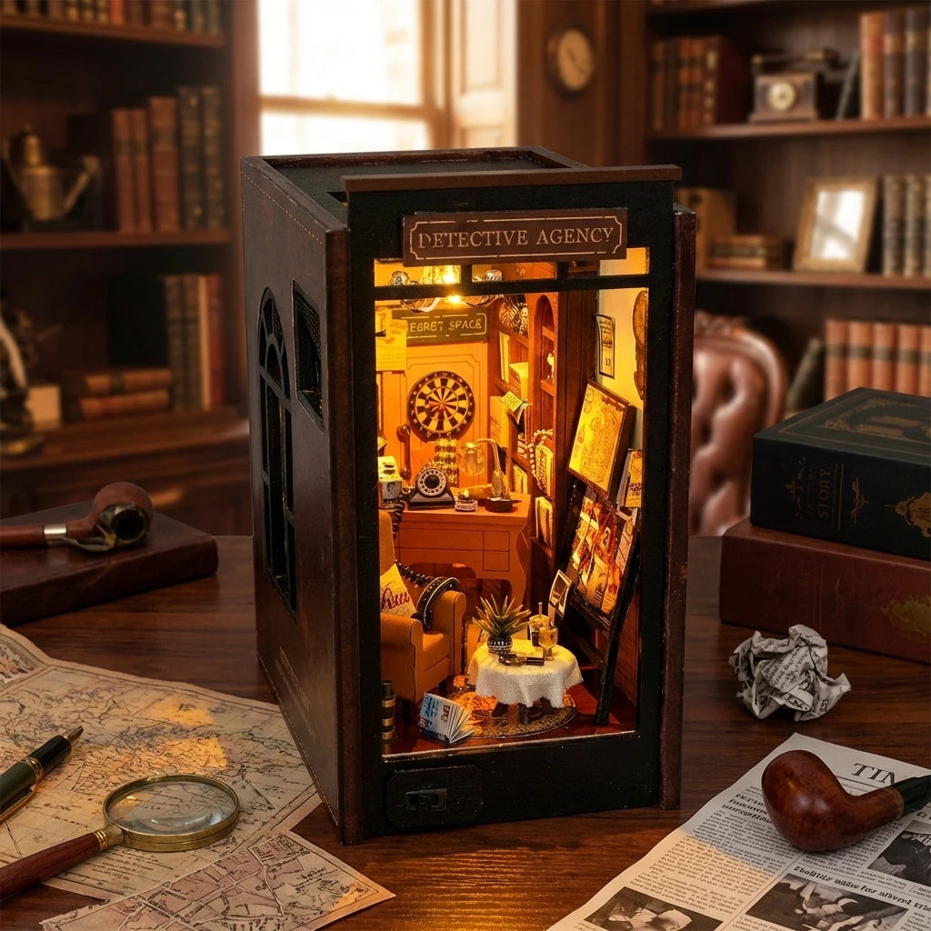 Book Nook en bois thème Detective Agency - Sherlock Holmes, vue Vue Plongeante, éclairage LED chaleureux, décoration Nook-It.
