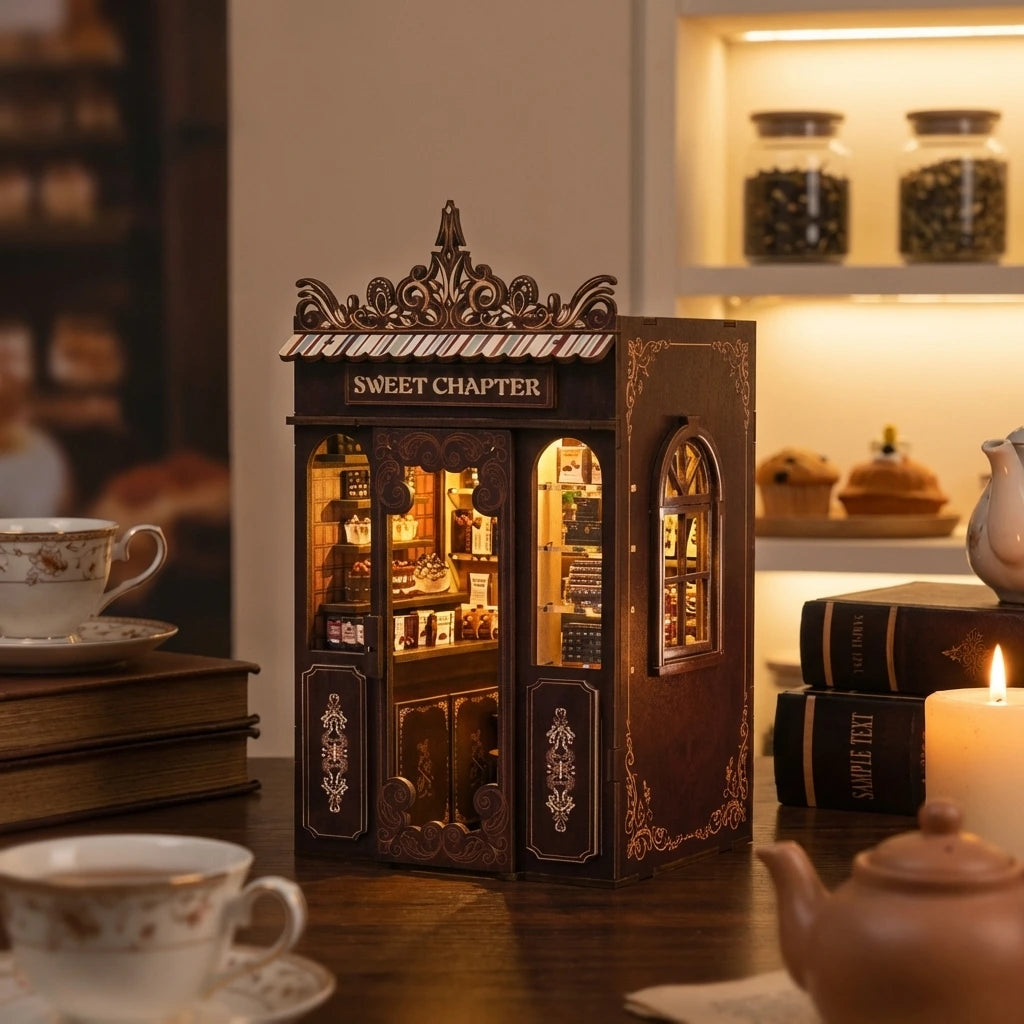 Book Nook en bois thème Le Doux Chapitre, salon de thé gourmand, vue soirée, nuit, éclairage LED chaleureux, décoration Nook-It.