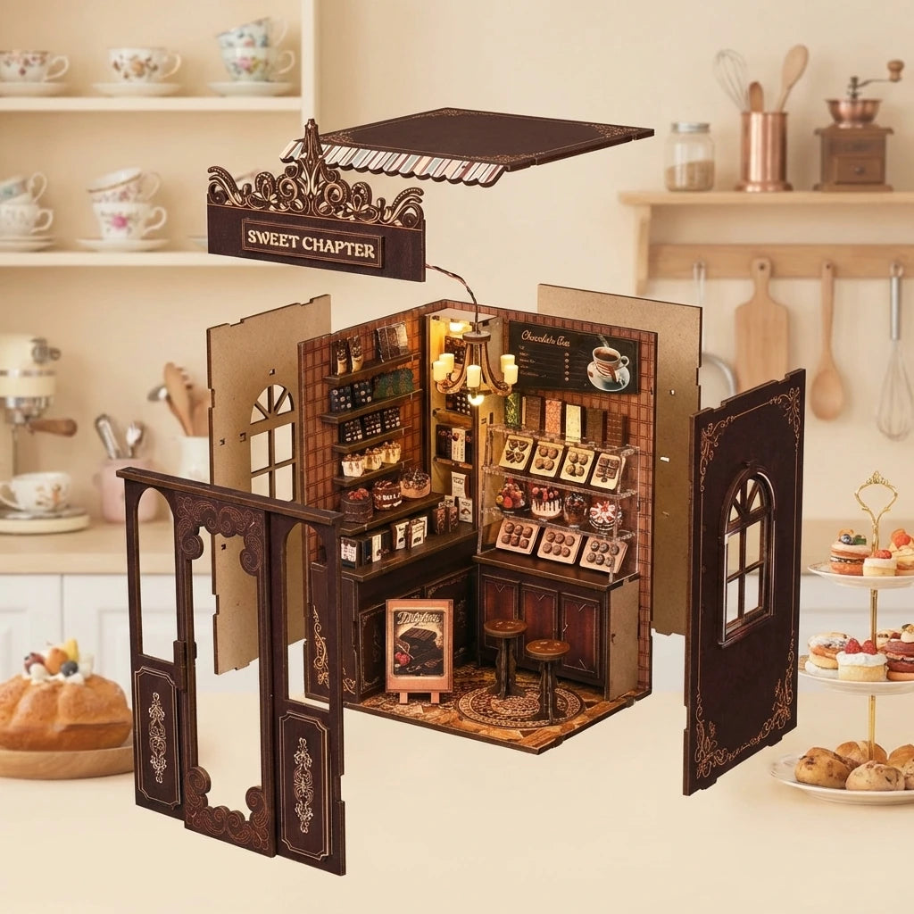 Book Nook en bois thème Le Doux Chapitre, salon de thé gourmand, vue éclatée, éclairage LED chaleureux, décoration Nook-It.