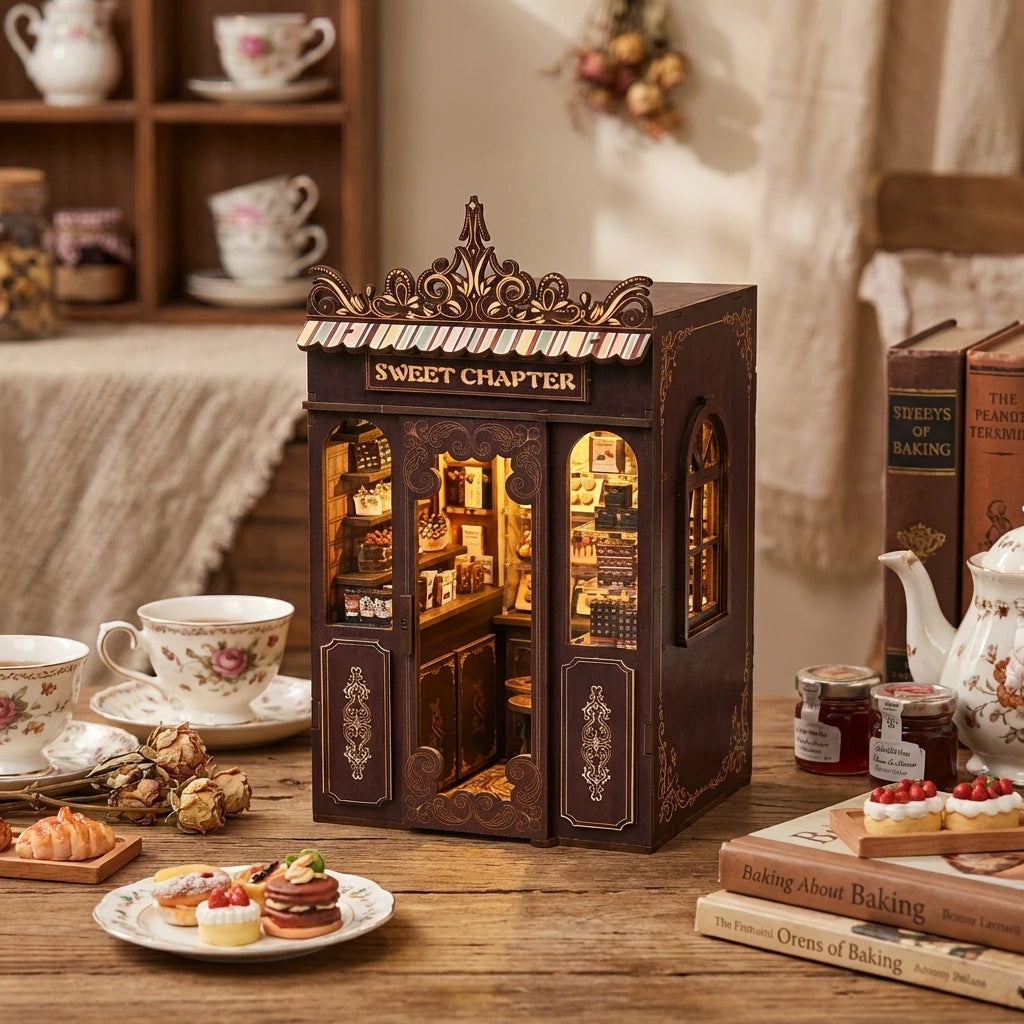 Book Nook en bois thème Le Doux Chapitre, salon de thé gourmand, vue plongeante, éclairage LED chaleureux, décoration Nook-It.