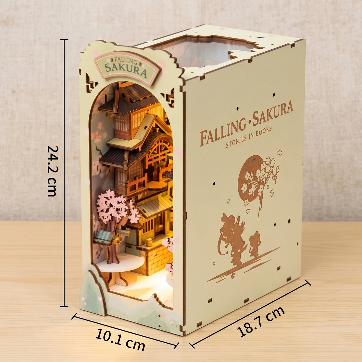 Book Nook Falling Sakura schéma technique avec cotes 24,2 x 18,7 x 10,1 cm