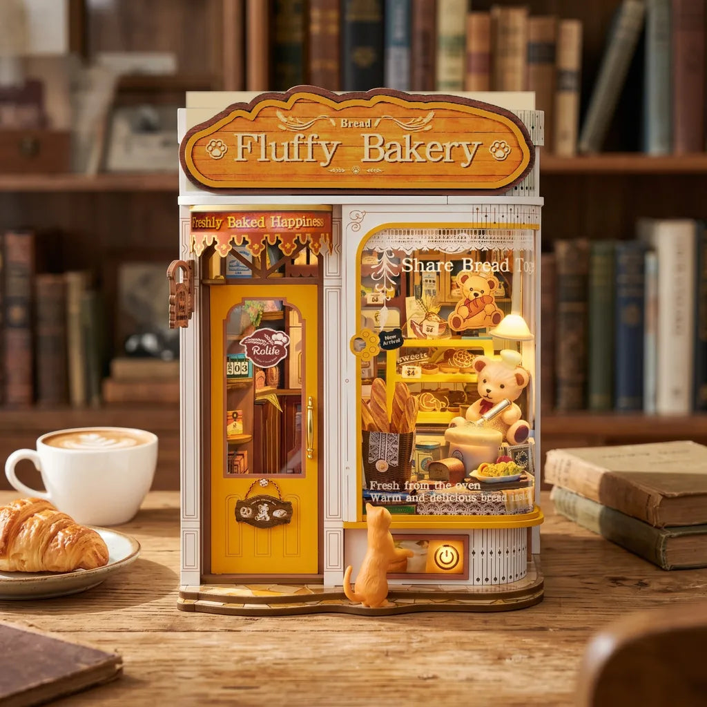 Book nook Fluffy Bakery vue de face sur un bureau en bois, boulangerie crème et dorée