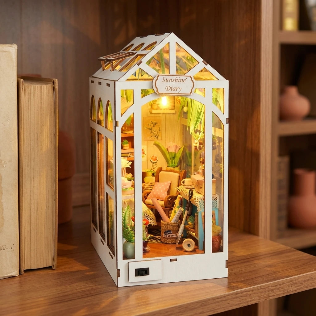 Book Nook en bois thème Green House Sunshine Town, vue Face, éclairage LED chaleureux, décoration Nook-It.