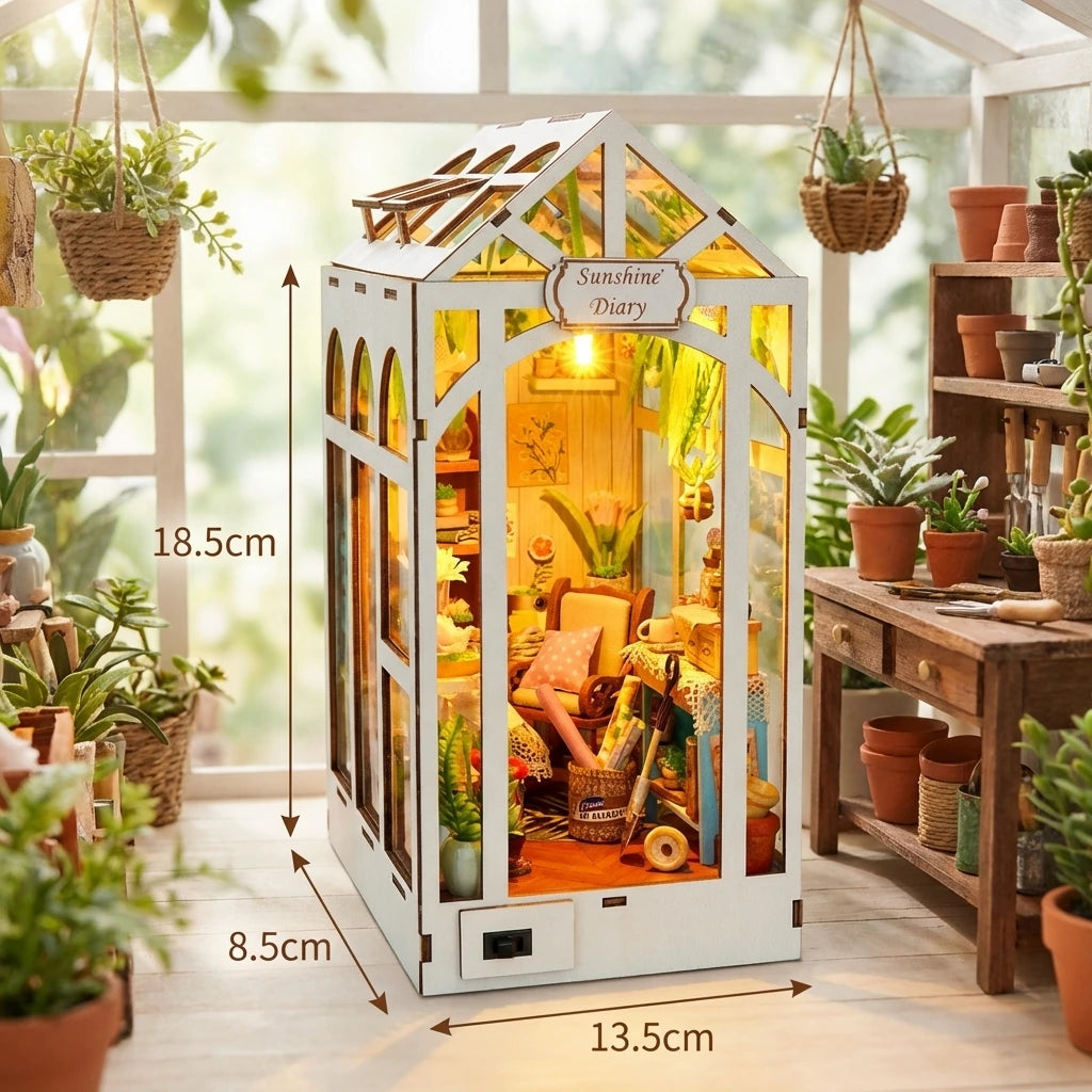 Book Nook en bois thème Green House Sunshine Town, vue avec Dimensions, éclairage LED chaleureux, décoration Nook-It.