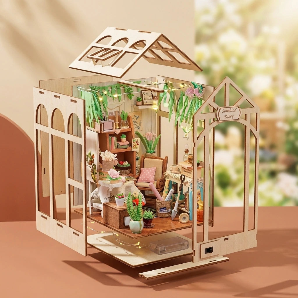 Book Nook en bois thème Green House Sunshine Town, vue Éclatée, éclairage LED chaleureux, décoration Nook-It.