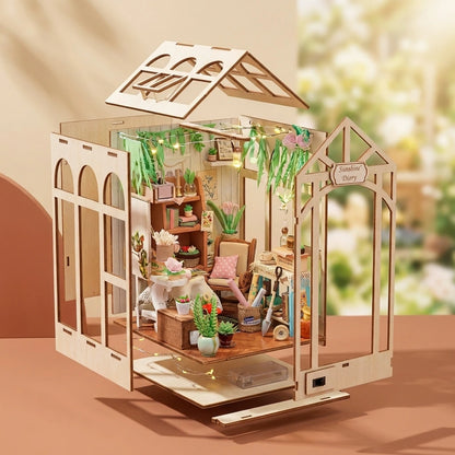 Book Nook en bois thème Green House Sunshine Town, vue Éclatée, éclairage LED chaleureux, décoration Nook-It.