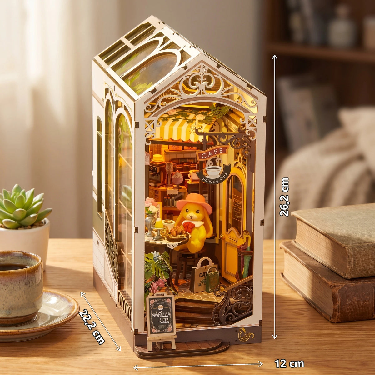 Dimensions du book nook Holiday Café en bois : 12 x 22,2 x 26,2 cm